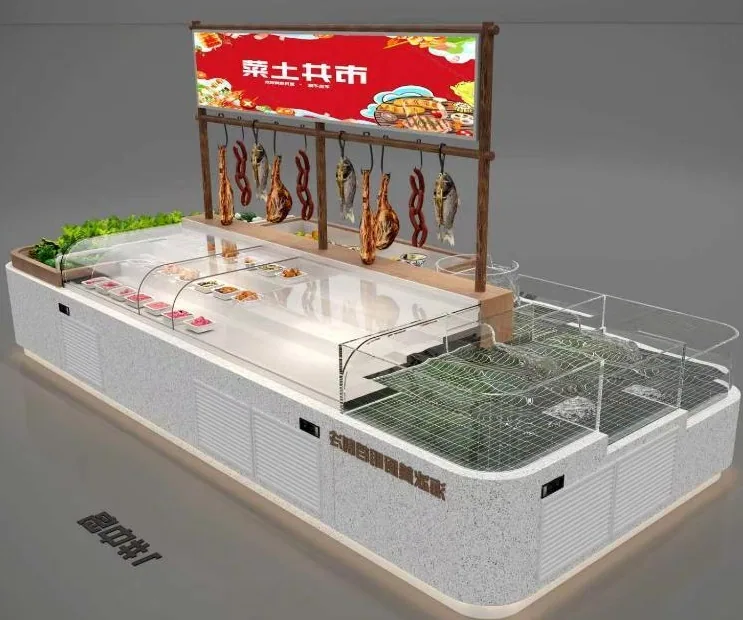 Catalog reference island combination with stepped display and adjacent counter modules