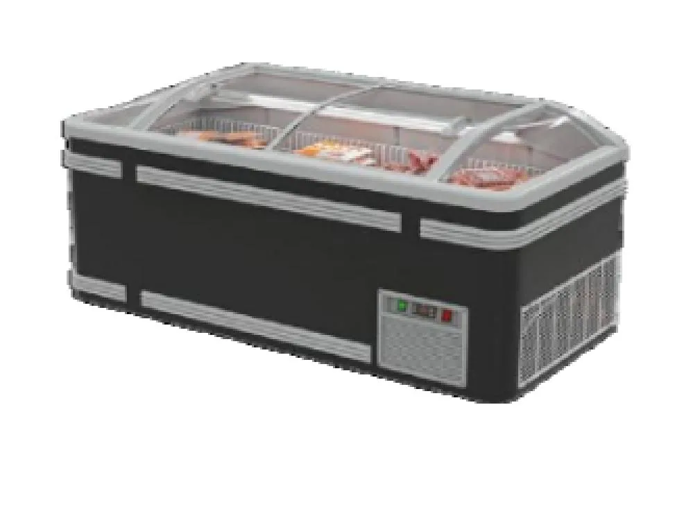 Commercial sliding glass island freezer reference image from Zhonghe catalog